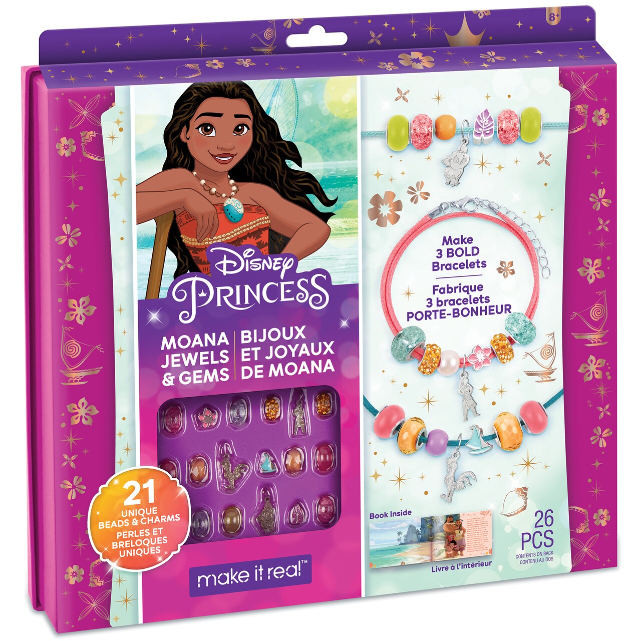Disney Princess: Jewels & Gems Moana - Create 3 Bold Bracelets, Make It Real, 26 Piece, Tweens & Girls, Make Unique Charm & Bead Jewelry, All-In-One, DIY Jewelry Kit, Tweens & Girls, Arts & Crafts, Kids Ages 8+